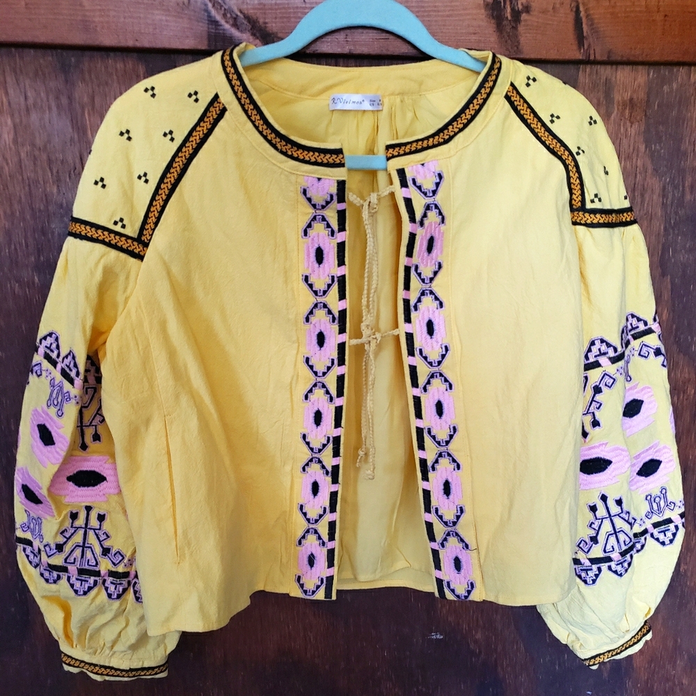 Boho Embroidered Balloon Sleeve Jacket